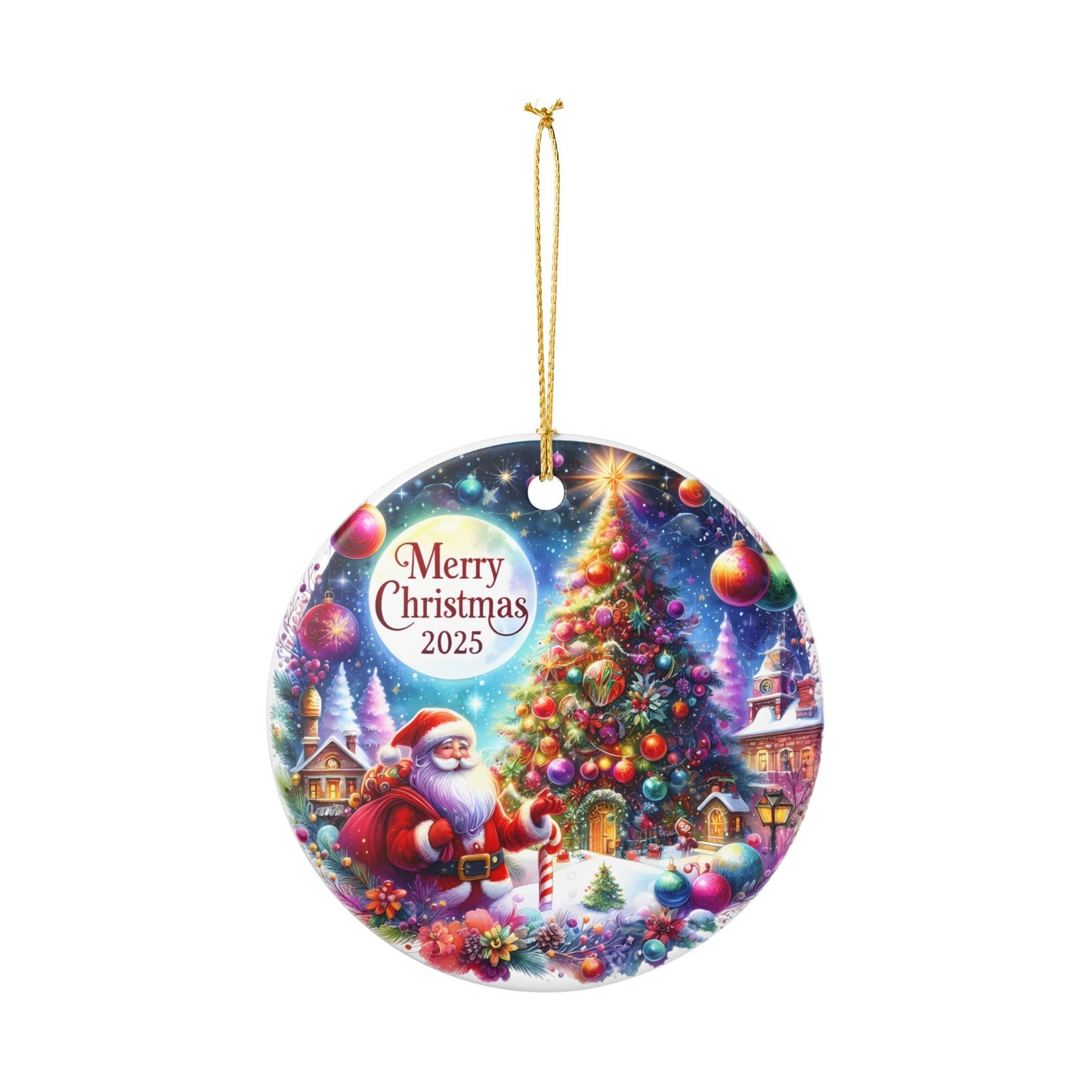 Merry Christmas 2025 Santa and Tree Ceramic Ornament | Round Holiday Decoration