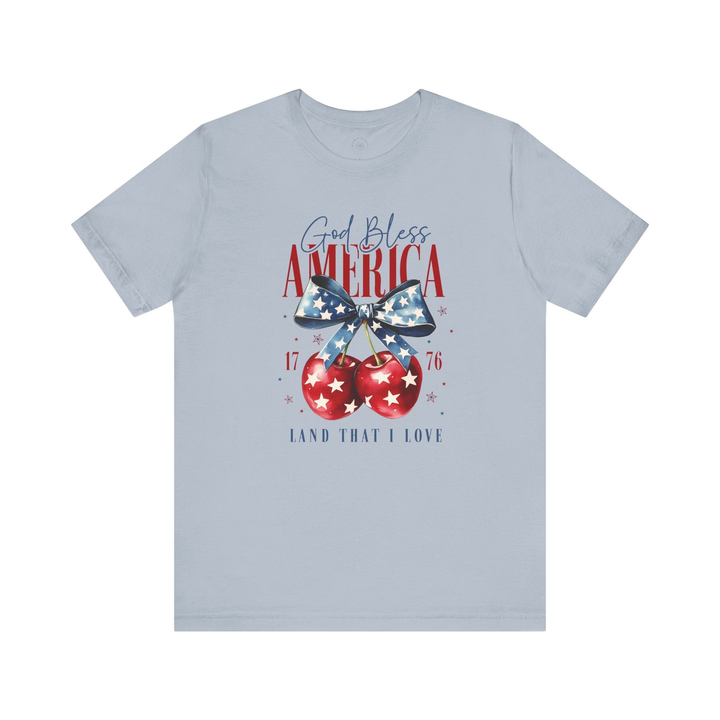 Cherry God Bless America Unisex Tee, Patriotic Cherries Shirt, USA Independence Day Top, Red White Blue Tee, American Theme T-Shirt