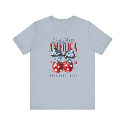 Cherry God Bless America Unisex Tee, Patriotic Cherries Shirt, USA Independence Day Top, Red White Blue Tee, American Theme T-Shirt