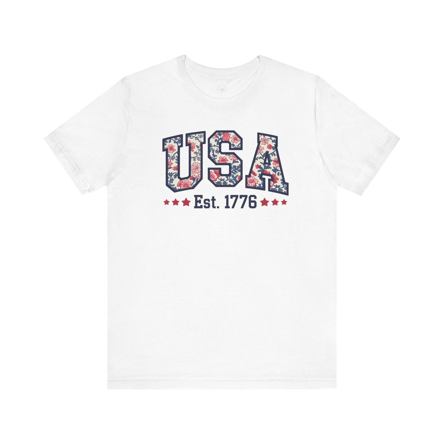 USA Floral Graphic Unisex Tee, Casual T-Shirt, Miss America Apparel, 4th of July Shirt, Est 1776, Comfy Top, Gift for her, Patriotic Shirt,