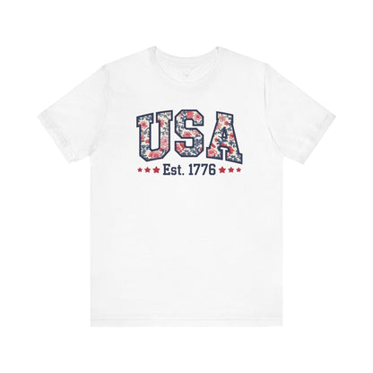 USA Floral Graphic Unisex Tee, Casual T-Shirt, Miss America Apparel, 4th of July Shirt, Est 1776, Comfy Top, Gift for her, Patriotic Shirt,