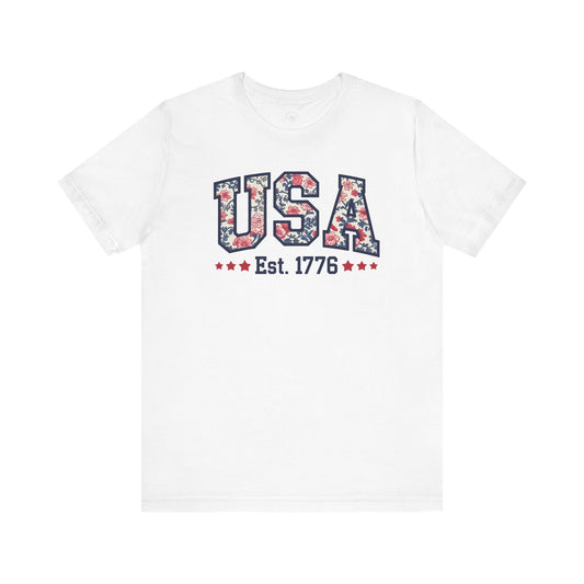 USA Floral Graphic Unisex Tee, Casual T-Shirt, Miss America Apparel, 4th of July Shirt, Est 1776, Comfy Top, Gift for her, Patriotic Shirt,