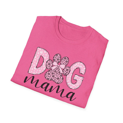 Dog Mama Pink Paw Print T-Shirt  Cute Dog Lover Graphic Tee  Pretty Pink Text with Paw Detail  Pet Mom Shirt