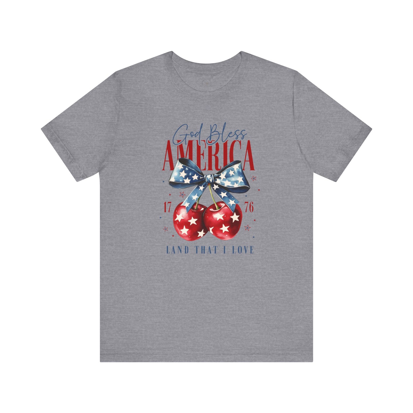 Cherry God Bless America Unisex Tee, Patriotic Cherries Shirt, USA Independence Day Top, Red White Blue Tee, American Theme T-Shirt