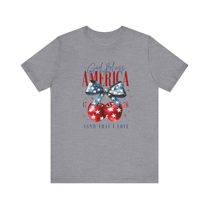 Cherry God Bless America Unisex Tee, Patriotic Cherries Shirt, USA Independence Day Top, Red White Blue Tee, American Theme T-Shirt