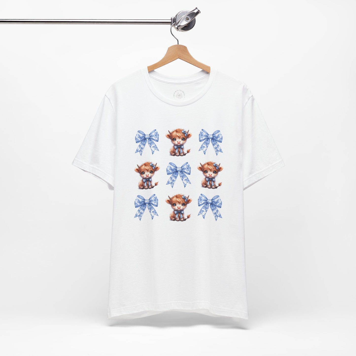 Cow and Bow Coquette Unisex Tee, Cute Animal T-Shirt, Farmhouse Style Shirt, Gender Neutral Top, Short Sleeve Jersey, Country Chic Tee