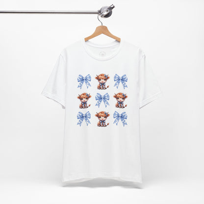 Cow and Bow Coquette Unisex Tee, Cute Animal T-Shirt, Farmhouse Style Shirt, Gender Neutral Top, Short Sleeve Jersey, Country Chic Tee