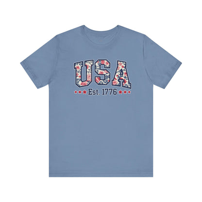 USA Floral Graphic Unisex Tee, Casual T-Shirt, Miss America Apparel, 4th of July Shirt, Est 1776, Comfy Top, Gift for her, Patriotic Shirt,