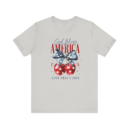 Cherry God Bless America Unisex Tee, Patriotic Cherries Shirt, USA Independence Day Top, Red White Blue Tee, American Theme T-Shirt