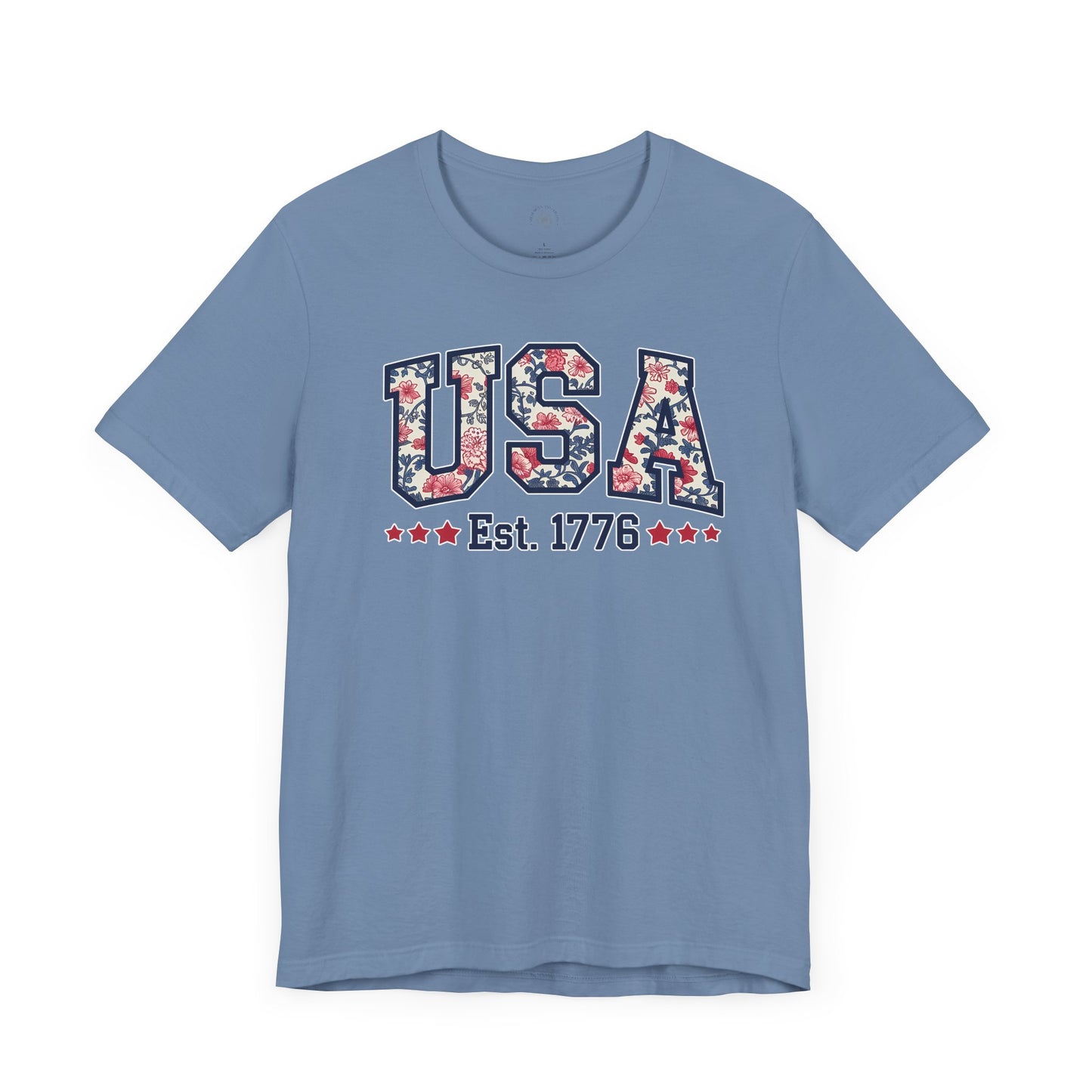 USA Floral Graphic Unisex Tee, Casual T-Shirt, Miss America Apparel, 4th of July Shirt, Est 1776, Comfy Top, Gift for her, Patriotic Shirt,
