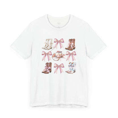 Cowgirl Boots and Sweet Pink Bows Unisex Jersey Tee, Southern Style Shirt, Western Graphic T-Shirt, Rodeo Theme Top, Country Music Fan Gift