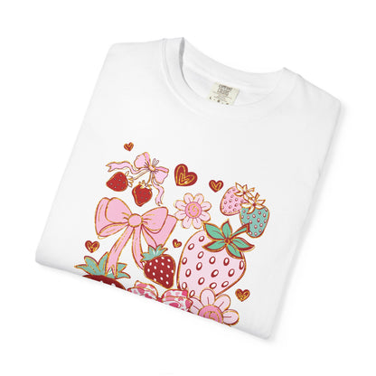 Strawberry Bows T-shirt, Red Berry Tee, Fruit Graphic Shirt, Cute Summer Top, Gift for Her