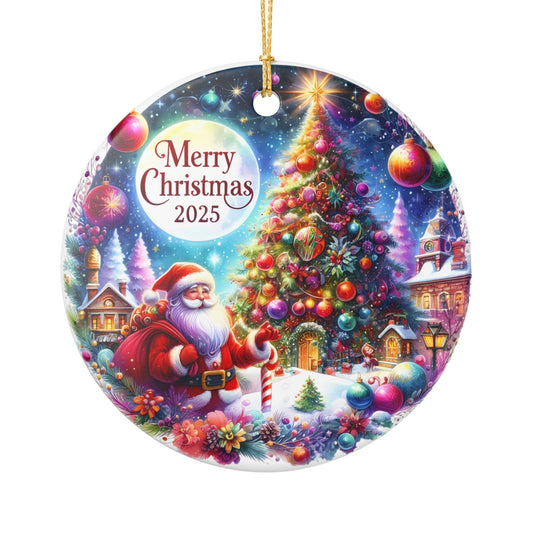 Merry Christmas 2025 Santa and Tree Ceramic Ornament | Round Holiday Decoration