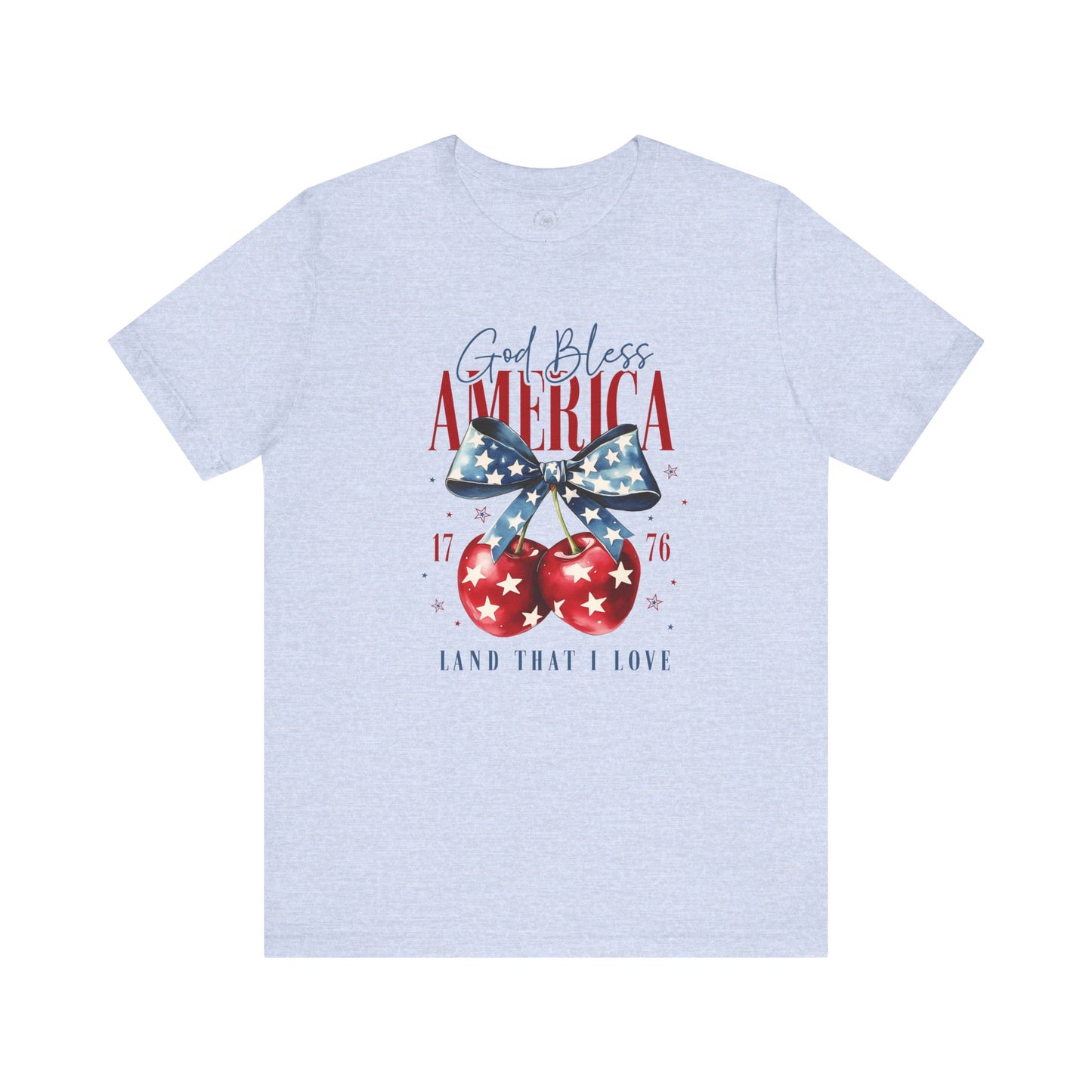 Cherry God Bless America Unisex Tee, Patriotic Cherries Shirt, USA Independence Day Top, Red White Blue Tee, American Theme T-Shirt
