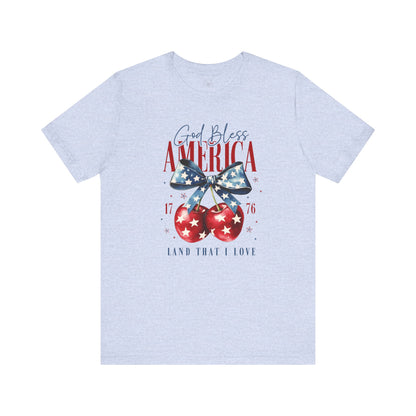 Cherry God Bless America Unisex Tee, Patriotic Cherries Shirt, USA Independence Day Top, Red White Blue Tee, American Theme T-Shirt