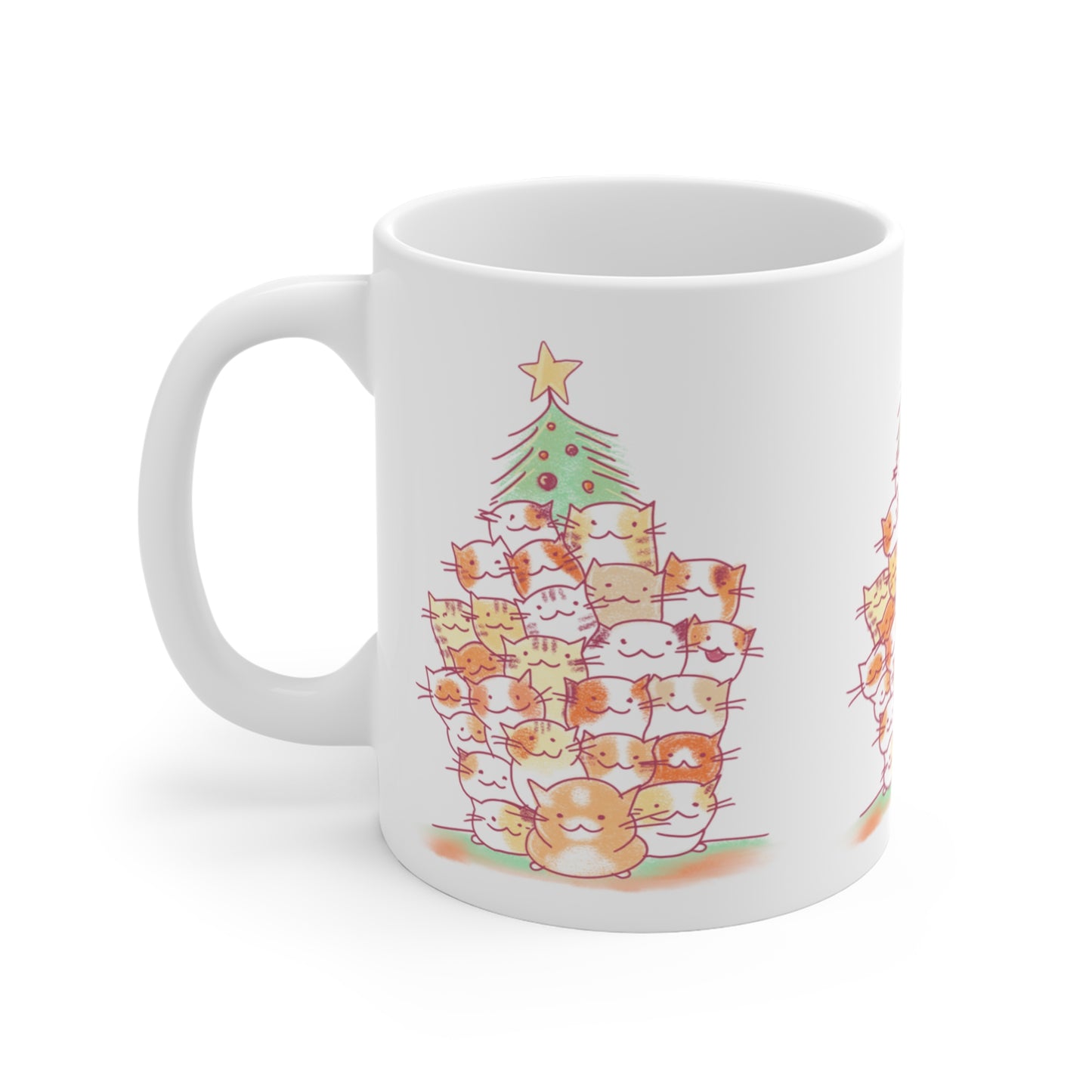 Cute Cat Christmas Tree Mug | 11oz White Coffee Cup | Cat Lover Holiday Gift | Wrapped Design