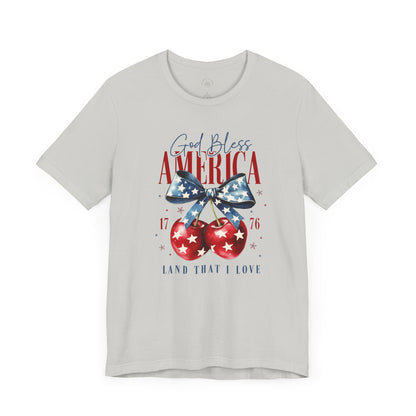 Cherry God Bless America Unisex Tee, Patriotic Cherries Shirt, USA Independence Day Top, Red White Blue Tee, American Theme T-Shirt