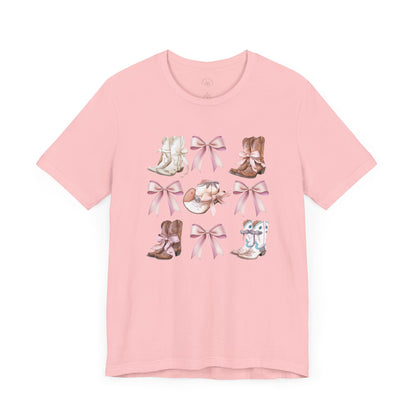 Cowgirl Boots and Sweet Pink Bows Unisex Jersey Tee, Southern Style Shirt, Western Graphic T-Shirt, Rodeo Theme Top, Country Music Fan Gift