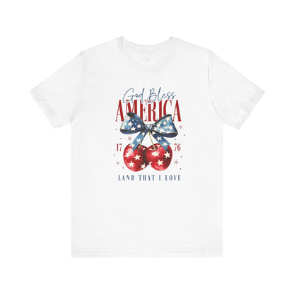 Cherry God Bless America Unisex Tee, Patriotic Cherries Shirt, USA Independence Day Top, Red White Blue Tee, American Theme T-Shirt
