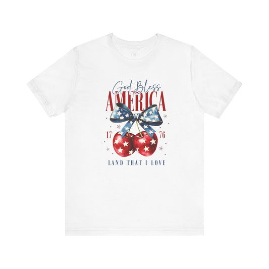 Cherry God Bless America Unisex Tee, Patriotic Cherries Shirt, USA Independence Day Top, Red White Blue Tee, American Theme T-Shirt