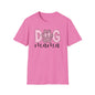 Dog Mama Pink Paw Print T-Shirt  Cute Dog Lover Graphic Tee  Pretty Pink Text with Paw Detail  Pet Mom Shirt