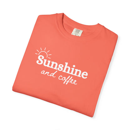 Sunshine and Coffee Unisex T-shirt, Summer Vibes Tee, Fun Colorful Shirt, Beach Lover Gift, Coffee Lovers Tee, Gift for Him/Her