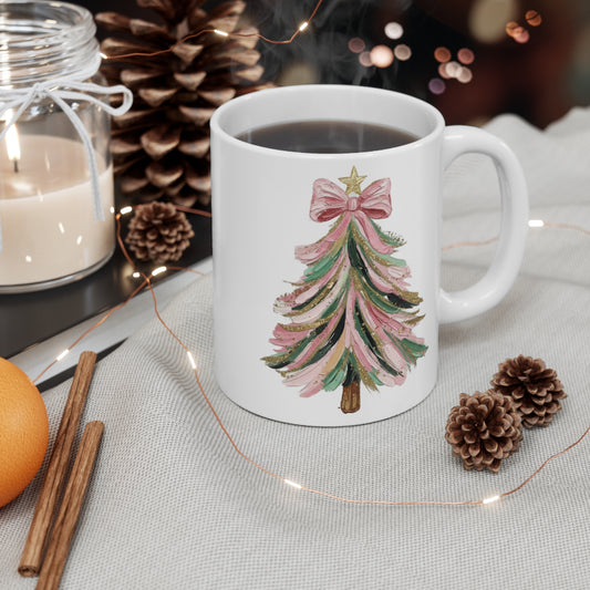 Coquette Christmas Mug | Pink Green Gold Glitter Tree | 11oz White Coffee Mug | Aesthetic Holiday Gift for Her