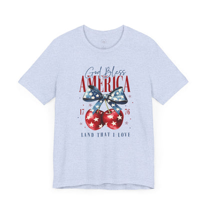 Cherry God Bless America Unisex Tee, Patriotic Cherries Shirt, USA Independence Day Top, Red White Blue Tee, American Theme T-Shirt