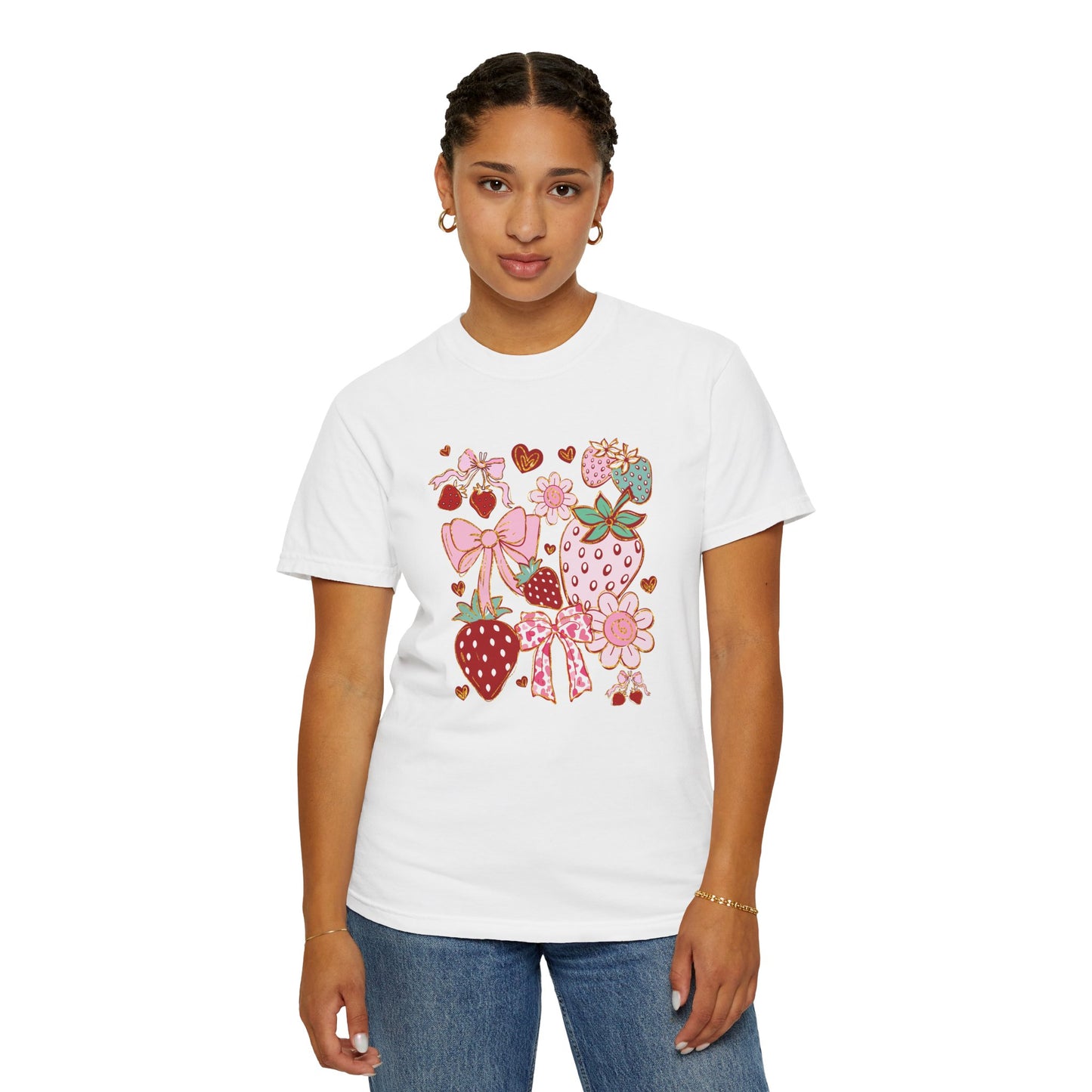 Strawberry Bows T-shirt, Red Berry Tee, Fruit Graphic Shirt, Cute Summer Top, Gift for Her