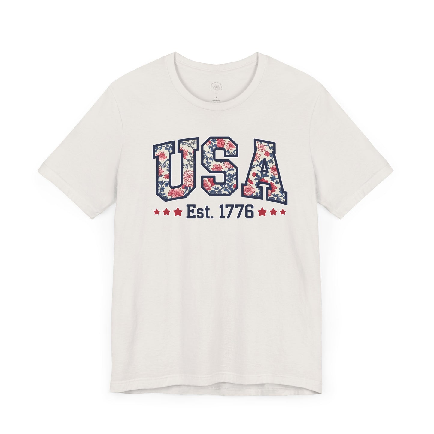 USA Floral Graphic Unisex Tee, Casual T-Shirt, Miss America Apparel, 4th of July Shirt, Est 1776, Comfy Top, Gift for her, Patriotic Shirt,