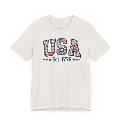 USA Floral Graphic Unisex Tee, Casual T-Shirt, Miss America Apparel, 4th of July Shirt, Est 1776, Comfy Top, Gift for her, Patriotic Shirt,