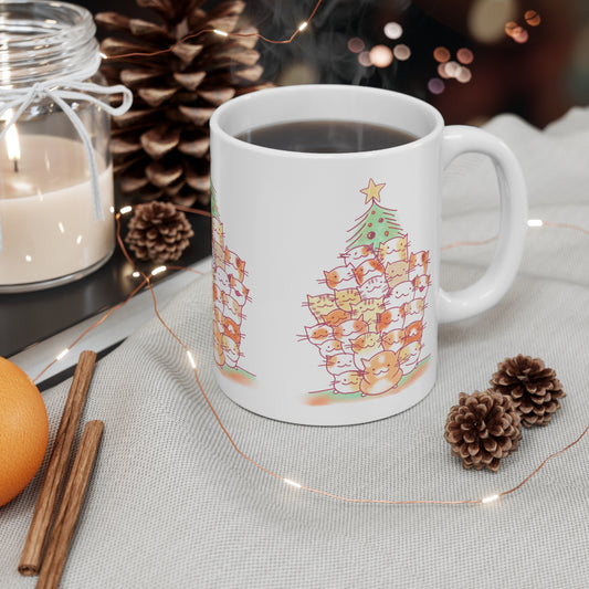 Cute Cat Christmas Tree Mug | 11oz White Coffee Cup | Cat Lover Holiday Gift | Wrapped Design