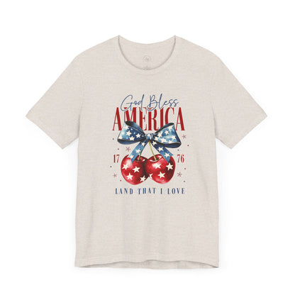 Cherry God Bless America Unisex Tee, Patriotic Cherries Shirt, USA Independence Day Top, Red White Blue Tee, American Theme T-Shirt
