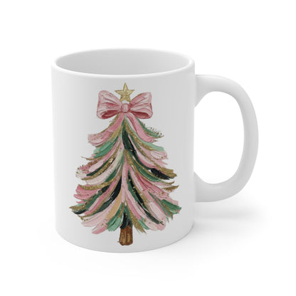 Coquette Christmas Mug | Pink Green Gold Glitter Tree | 11oz White Coffee Mug | Aesthetic Holiday Gift for Her