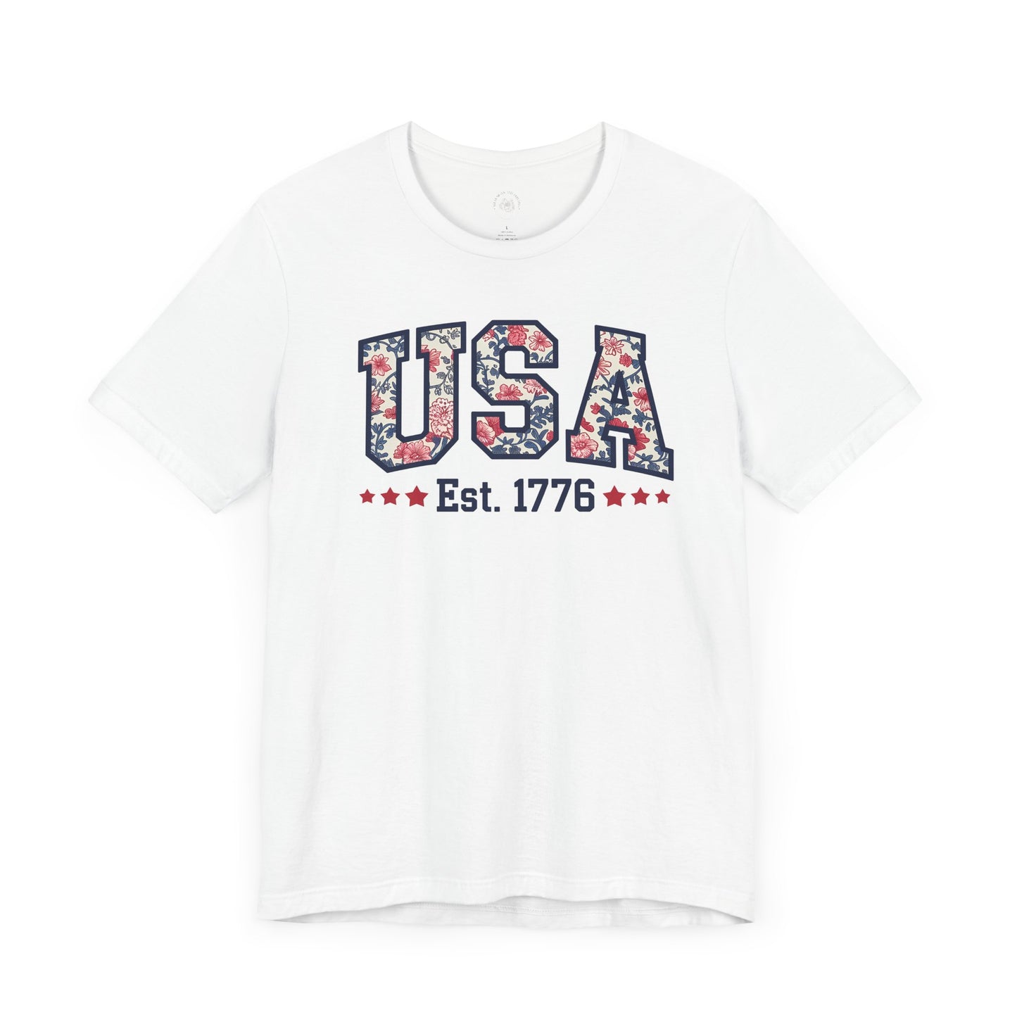 USA Floral Graphic Unisex Tee, Casual T-Shirt, Miss America Apparel, 4th of July Shirt, Est 1776, Comfy Top, Gift for her, Patriotic Shirt,