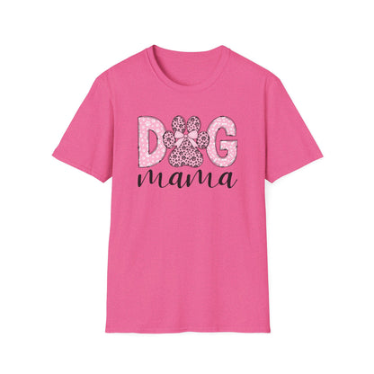 Dog Mama Pink Paw Print T-Shirt  Cute Dog Lover Graphic Tee  Pretty Pink Text with Paw Detail  Pet Mom Shirt
