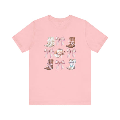 Cowgirl Boots and Sweet Pink Bows Unisex Jersey Tee, Southern Style Shirt, Western Graphic T-Shirt, Rodeo Theme Top, Country Music Fan Gift