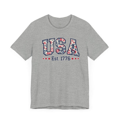 USA Floral Graphic Unisex Tee, Casual T-Shirt, Miss America Apparel, 4th of July Shirt, Est 1776, Comfy Top, Gift for her, Patriotic Shirt,