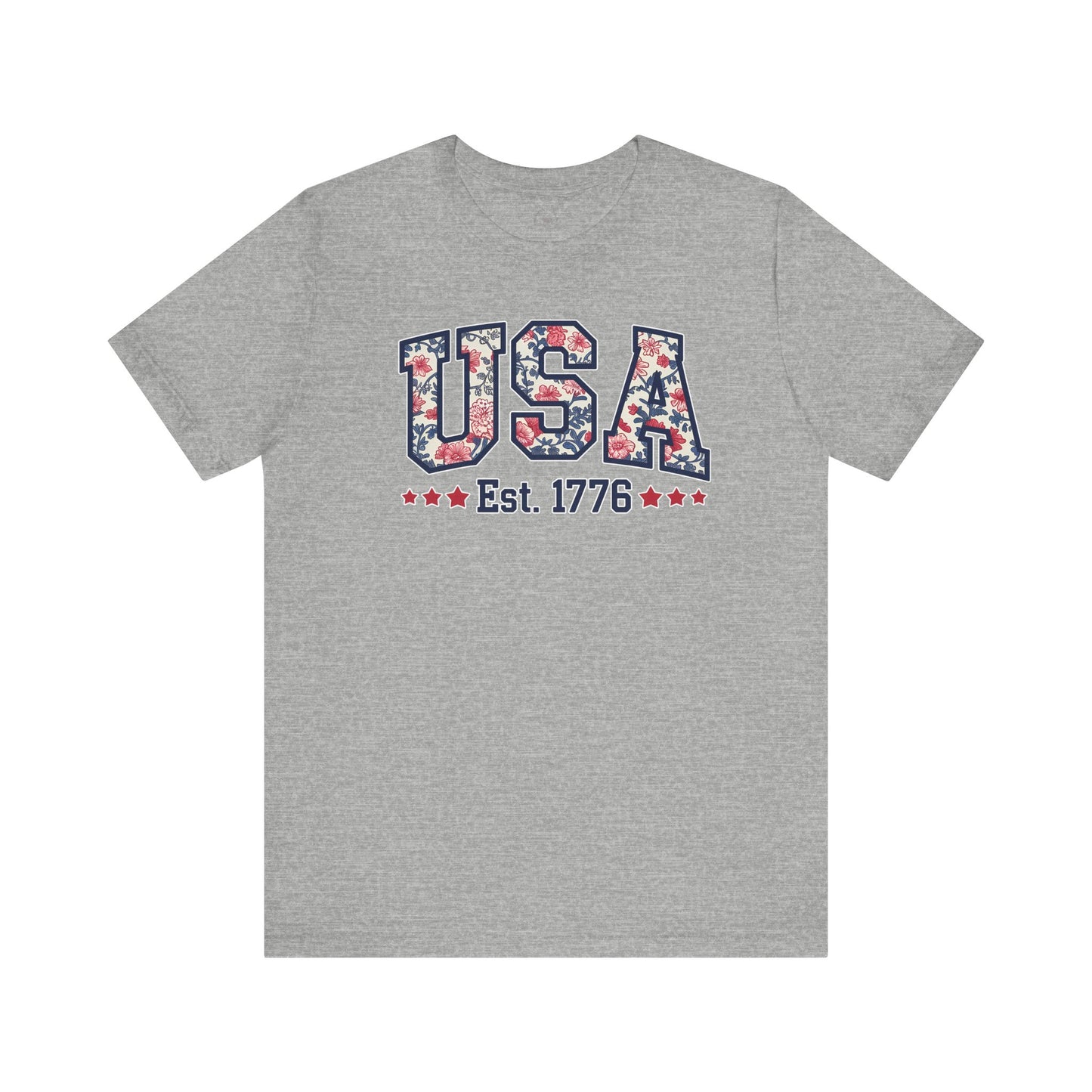 USA Floral Graphic Unisex Tee, Casual T-Shirt, Miss America Apparel, 4th of July Shirt, Est 1776, Comfy Top, Gift for her, Patriotic Shirt,