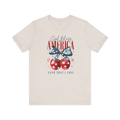 Cherry God Bless America Unisex Tee, Patriotic Cherries Shirt, USA Independence Day Top, Red White Blue Tee, American Theme T-Shirt