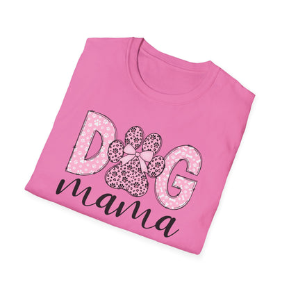 Dog Mama Pink Paw Print T-Shirt  Cute Dog Lover Graphic Tee  Pretty Pink Text with Paw Detail  Pet Mom Shirt