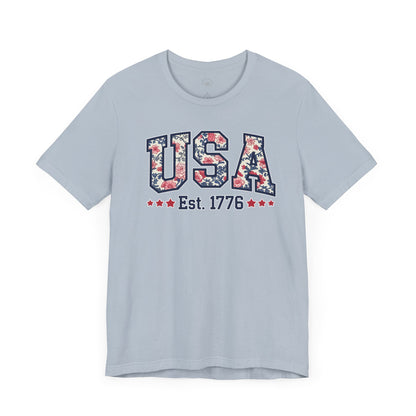 USA Floral Graphic Unisex Tee, Casual T-Shirt, Miss America Apparel, 4th of July Shirt, Est 1776, Comfy Top, Gift for her, Patriotic Shirt,