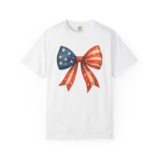 American Flag Bow T-Shirt, Patriotic Red White Blue Tee, 4th of July Unisex Top, Independence Day Shirt, USA Flag Graphic Tee