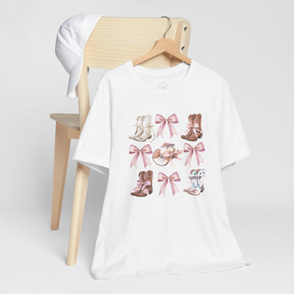 Cowgirl Boots and Sweet Pink Bows Unisex Jersey Tee, Southern Style Shirt, Western Graphic T-Shirt, Rodeo Theme Top, Country Music Fan Gift