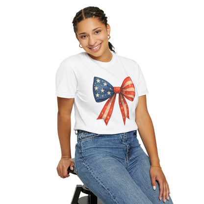 American Flag Bow T-Shirt, Patriotic Red White Blue Tee, 4th of July Unisex Top, Independence Day Shirt, USA Flag Graphic Tee