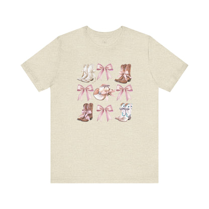 Cowgirl Boots and Sweet Pink Bows Unisex Jersey Tee, Southern Style Shirt, Western Graphic T-Shirt, Rodeo Theme Top, Country Music Fan Gift